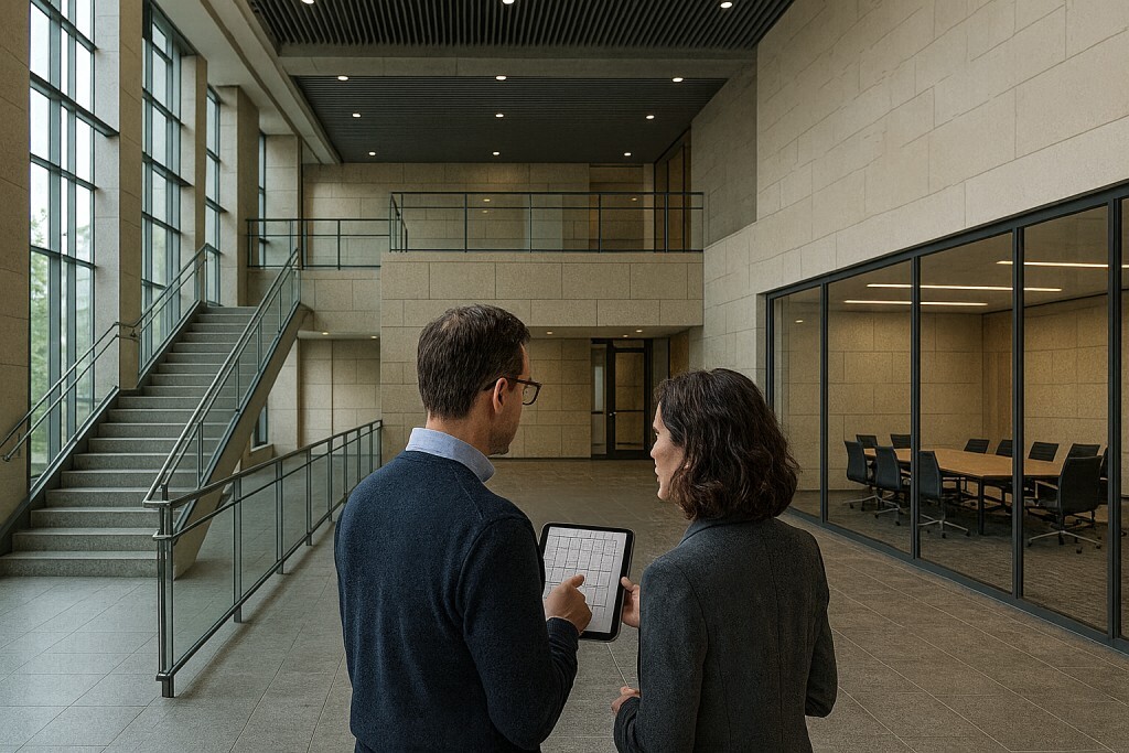 Two facilities leaders review the layout of their smart building on a tablet.