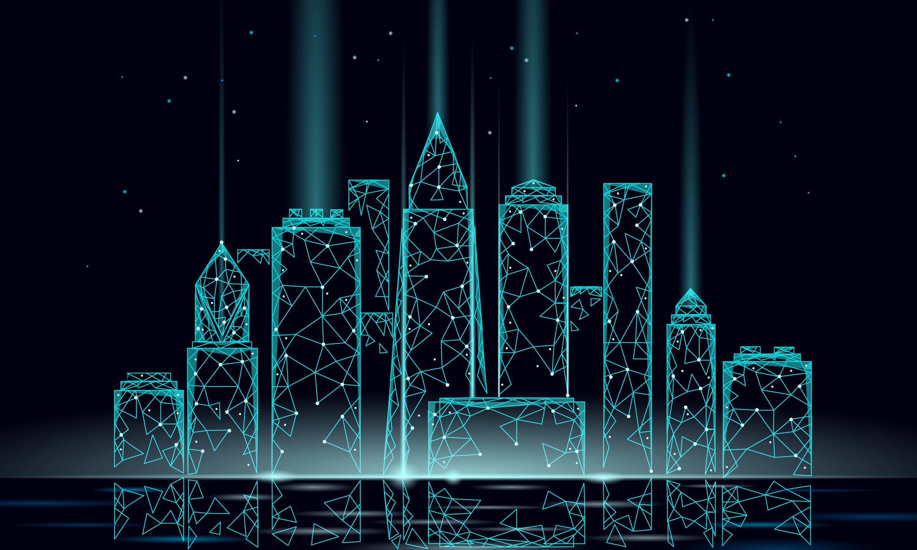 a digital graphic of a city skyline lit up to represent future-proofing a building management system