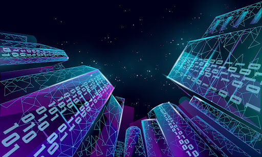 an illustrated ground-up view of skyscrapers with binary codes on their exterior representing network security risks for BAS systems